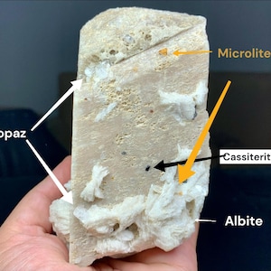 May include: A beige mineral specimen featuring white crystalline clusters labeled as Albite and Topaz, with small inclusions marked as Microlite and Cassiterite. The stone has a rough, textured surface with visible mineral deposits and text labels.