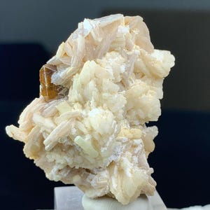 May include: A mineral specimen featuring a cluster of off-white, blade-like crystals with a textured, layered appearance. A single, small, translucent amber-colored crystal is embedded on the left side of the pale, crystalline formation.