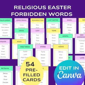May include: A colorful graphic for a Religious Easter Forbidden Words game. The image features various themed word cards, including "Jesus," "Cross," and "Tomb." The text "54 Pre-Filled Cards" is also visible, along with a Canva logo.