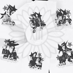 May include: White t-shirts with black and white graphics of people, stars, and text. The text includes names like "Anton", "Wonbin", "Sungcot", "Sungchan", and "Solice" in a stylized font. The shirts are arranged in a circular pattern.