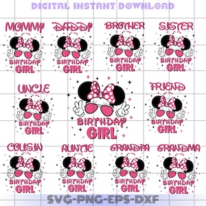 May include: A set of 10 digital cut files featuring a cartoon mouse with pink sunglasses and a pink bow. Each file includes a different family member title, such as "Mommy", "Daddy", "Brother", "Sister", "Uncle", "Friend", "Cousin", "Auntie", "Grandpa", and "Grandma". The text "Birthday Girl" is included in each file.