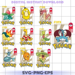 ポケモンキャラクターSVGバンドル、アニメ印刷可能デジタルファイル、ポケモンシャツPNG、Cricut用SVG