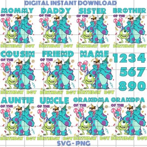 Monster Family Birthday Boy Svg Bundle, Cute Cartoon Movie Birthday Png Bundle, Disney Family Matching Birthday Clipart, Svg For Cricut
