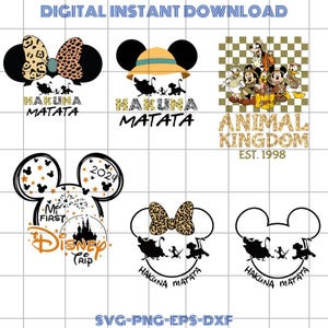 May include: Digital download featuring various Mickey Mouse ear designs. Includes "Hakuna Matata" and "Animal Kingdom" text, along with a "My First Disney Trip" design. The designs incorporate leopard print and safari themes.
