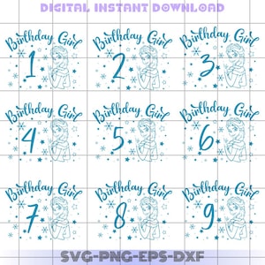 Könnte beinhalten: Neun digitale Bilder mit einem Cartoon-Mädchen in einem blauen Kleid und einem Schneeflockenmuster. Jedes Bild enthält eine Zahl von 1 bis 9 und den Text "Birthday Girl".