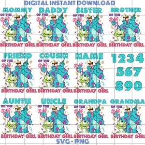 Monster Family Birthday Gril Svg Bundle, Cute Cartoon Movie Birthday Png Bundle, Disney Family Matching Birthday Clipart, Svg For Cricut