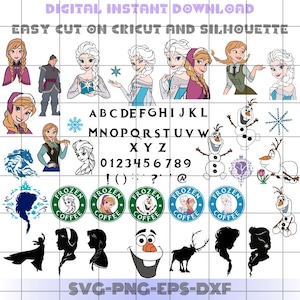 May include: A digital download of Frozen themed SVG, PNG, EPS, and DXF files. The image includes various characters from the movie, including Elsa, Anna, Olaf, and Kristoff. There are also letters, numbers, and symbols. The text "FROZEN COFFEE" is repeated five times in a circle with a snowflake and a star.
