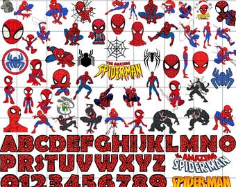 May include: A digital download of a set of red and black Spider-Man themed SVG, PNG, and DXF files. The set includes a variety of Spider-Man characters, including the Amazing Spider-Man, Venom, and Spider-Man in different poses. The set also includes a full alphabet and numbers in a Spider-Man web design.