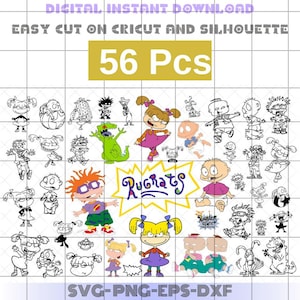 May include: A set of 56 black and white digital illustrations of the Rugrats characters. The characters include Tommy Pickles, Chuckie Finster, Phil and Lil DeVille, Angelica Pickles, and Susie Carmichael. The illustrations are perfect for use in crafting projects, scrapbooking, and digital design.