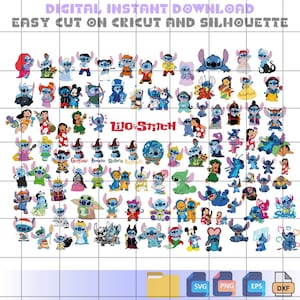 Lot Mega Stitch Svg, point mignon et Lilo Png, fichiers Svg point fantaisie pour Cricut, personnages de film de dessin animé coupé fichiers, fichier SVG en couches
