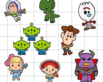 以下が含まれることがあります： 人気の漫画映画のキャラクターが登場するデジタルインスタントダウンロード。バズ・ライトイヤー、恐竜のレックス、ウッディなどのキャラクターが含まれています。キャラクターは、太いアウトラインと明るい色で漫画スタイルになっています。
