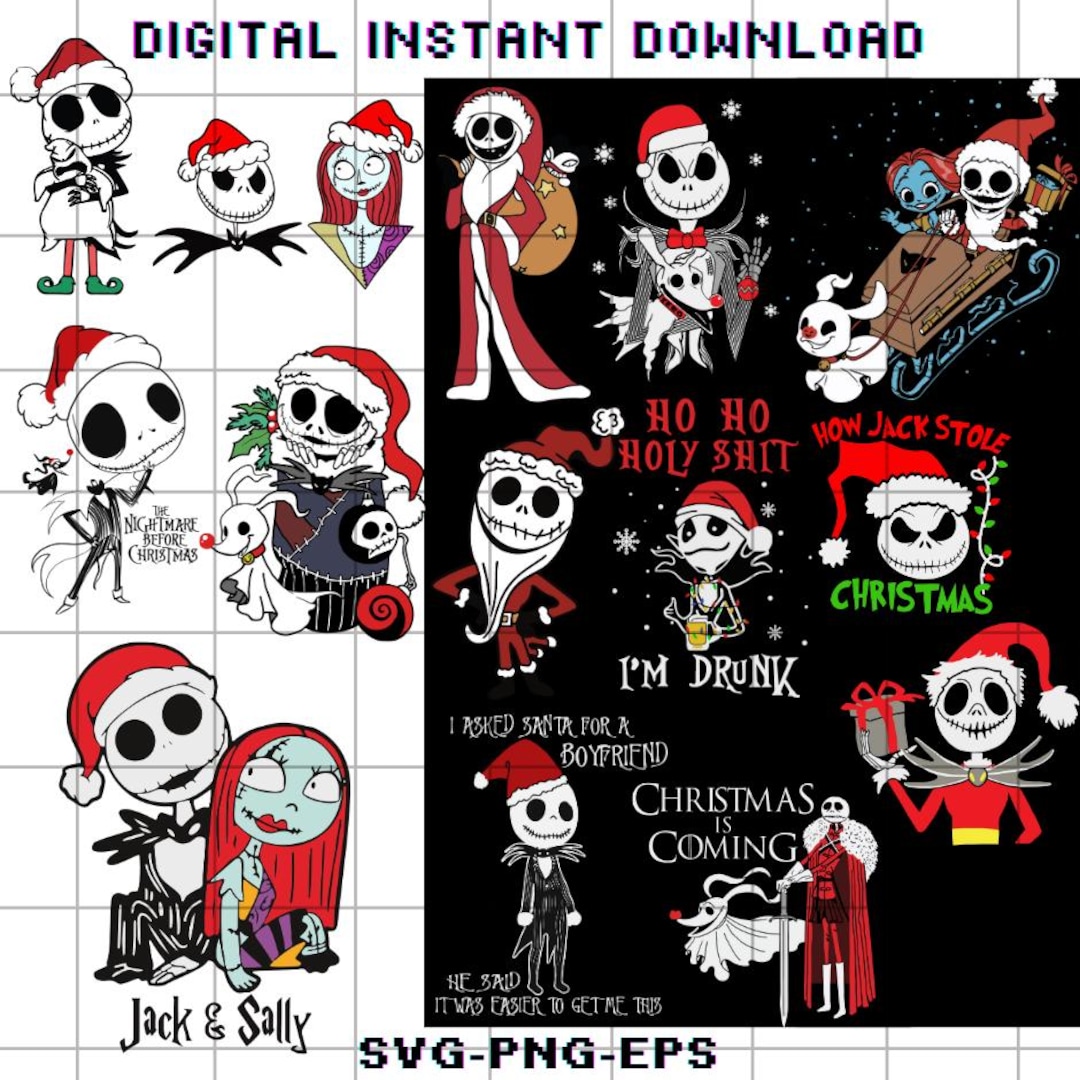 14 Pcs Christmas Jack Skellington Svg Bundle, Santa Hat Sally Png ...