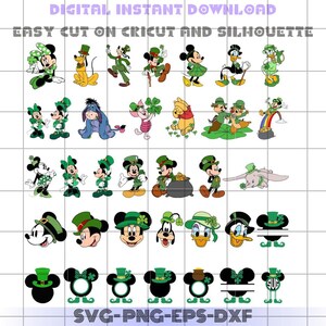 Lot méga Svg Saint-Patrick, Mickeyy et ses amis, Clipart Disney, Winnie l'ourson Patrick Day Png, Svg de la chance Patrick, pour Cricut