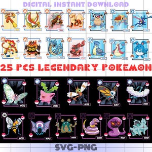 伝説のポケモンキャラクター 25 個セット SVG バンドル、アニメ印刷可能デジタルファイル、ポケモンシャツ PNG、Cricut 用 SVG