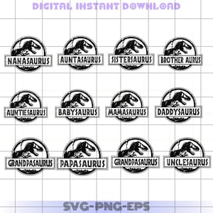 Pode incluir: Um conjunto de 10 arquivos de corte SVG em preto e branco com tema de dinossauros. Os arquivos apresentam o logotipo do Jurassic Park com diferentes nomes de membros da família substituindo a palavra 'Jurassic'. Os nomes incluem: Nana, Tia, Irmã, Irmão, Tia, Bebé, Mãe, Pai, Avô, Pai, Tio.