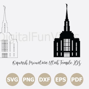 May include: Two architectural illustrations of the Oquirrh Mountain Utah Temple LDS. One is a black and white outline, the other is a solid black silhouette. Below the images is the text "Oquirrh Mountain Utah Temple LDS" and file type icons.