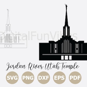 May include: A black and white silhouette of the Jordan River Utah Temple. The image includes a line drawing and a solid black version of the temple. Text at the bottom reads "Jordan River Utah Temple" with file type icons.