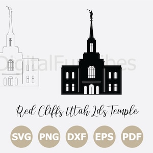 Może przedstawiać: Czarna sylwetka świątyni Red Cliffs Utah Lds. Świątynia ma wysoką iglicę zwieńczoną posągiem. Poniżej świątyni znajduje się napis "Red Cliffs Utah Lds Temple" oraz ikony typów plików.