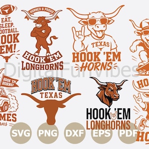 May include: A collection of orange and white graphic designs featuring the Texas Longhorns mascot. The designs include cartoon Longhorns, text that says "Hook 'Em", and other phrases related to football and Longhorn pride.