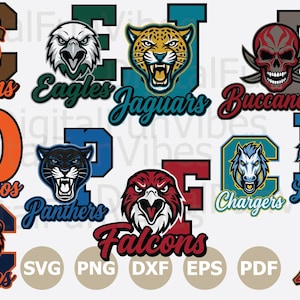 Puede incluir: Colección de logotipos de equipos deportivos con mascotas de animales. Incluye un bulldog para los Browns, un águila para los Eagles, un jaguar para los Jaguars y una calavera para los Buccaneers. También incluye un caballo para los Broncos.