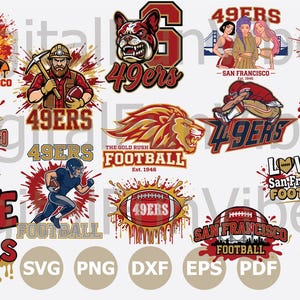 May include: A collection of digital graphic designs featuring San Francisco 49ers football themes, including illustrations of players, a bulldog, a lion, footballs, hearts, and the Golden Gate Bridge, with text elements like 49ers and San Francisco.