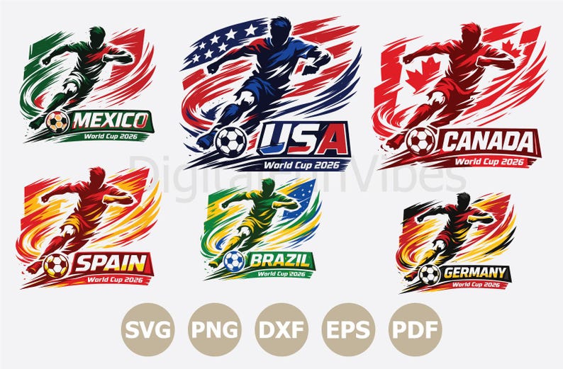 May include: Collection of soccer-themed graphics featuring players in action, each representing a different country: Mexico, USA, Canada, Spain, Brazil, and Germany. Each design includes the country's name and "World Cup 2026". Formats include SVG, PNG, DXF, EPS, and PDF.