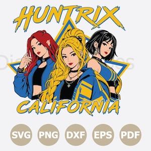 May include: Illustration of three women with red, blonde, and black hair, wearing blue jackets with yellow details. The text "HUNTRIX CALIFORNIA" is above and below the figures. The image also includes SVG, PNG, DXF, EPS, and PDF icons.
