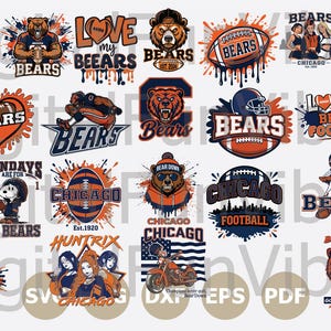May include: A collection of digital graphic designs featuring Chicago Bears football themes, including illustrations of bears, footballs, players, and text such as Bears, Chicago, Love My Bears, and Bear Down in orange, navy blue, and white color palettes.