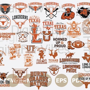 May include: A collection of various burnt orange and white Longhorns-themed graphics. Designs include the Texas Longhorns logo, footballs, basketballs, and text such as "Texas", "Hook 'Em", and "Burnt Orange Nation".