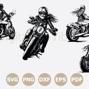 Pacote SVG de Amantes de Motociclistas, SVG de Mulheres Motociclistas Americanas, Arquivo de Corte de Motociclistas Retrô Cricut, Garota Esportiva Motociclista SVG PNG dfx Download Digital