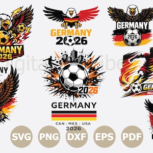 Puede incluir: Una colección de gráficos temáticos de fútbol con águilas, balones y el texto "GERMANY 2026". Los diseños incorporan los colores de la bandera alemana y son adecuados para artículos deportivos.
