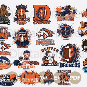 Può includere: Una collezione di design grafici digitali a tema football dei Denver Broncos, che include illustrazioni di cavalli, palloni, caschi e personaggi con testo come Broncos, Denver e Football, nei colori arancione, blu e bianco.