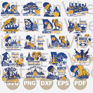 May include: A collection of digital graphic designs featuring HBCU themes in blue and gold. The illustrations include silhouettes of people, rams, state outlines, peaches, and campus buildings with text such as Rooted, Proud, Fearless, and HBCU Pride.
