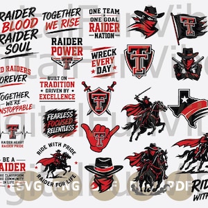 May include: A collection of digital graphic designs featuring red, black, and white illustrations of cowboys, horses, shields, and text slogans like Raider Power, Wreck Every Day, and Ride With Pride, arranged in a grid on a light background.