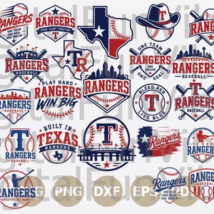 May include: A collection of Texas Rangers baseball logos and emblems in red, white, and blue. Designs include baseballs, bats, the state of Texas, cowboy hats, city skylines, and text such as Rangers, Play Hard Win Big, and Built in Texas.