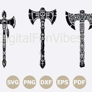 May include: Three black and white axe designs with tribal patterns. The axes have different blade shapes and handle designs.