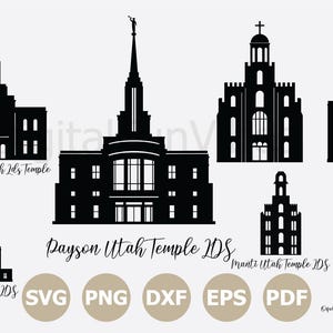 Puede incluir: Ilustraciones en silueta negra de varios templos, incluyendo el Templo LDS de Red Cliffs Utah, el Templo LDS de Payson Utah, y otros. La imagen también incluye iconos de tipo de archivo: SVG, PNG, DXF, EPS y PDF.