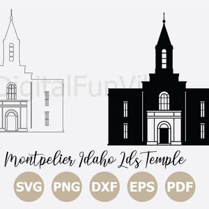 May include: Silhouette of the Montpelier Idaho LDS Temple in black and white. The image includes a line drawing and a solid black version of the building. Below the image is the text "Montpelier Idaho Lds Temple" and file type icons.