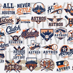 May include: A collection of Houston Astros baseball team logos in navy blue, orange, and white. Designs include baseballs, bats, stars, and the Houston skyline. Text includes "Astros", "Houston", and team slogans.