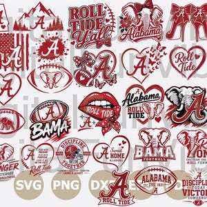 May include: A collection of red and white Alabama Crimson Tide themed graphics. Designs include the letter "A", footballs, elephants, hearts, and phrases like "Roll Tide" and "Bama". The designs are suitable for various applications.