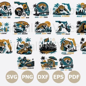 Puede incluir: Una colección de veintidós diseños gráficos digitales con ilustraciones de jaguares, contornos del estado de Florida, palmeras, horizontes urbanos y temas de fútbol americano en verde azulado, dorado y negro. El texto incluye DUVAL PRIDE GRIT y JAX BORN LEGEND.