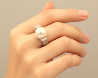 Anillo de perlas de plata de ley con circonitas cúbicas – Joyería llamativa ajustable