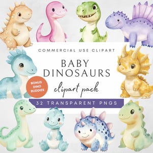 Watercolor Baby Dinosaurs Clipart, Dino PNGs, Dinosaur Birthday Party, Baby Shower, Digital Download
