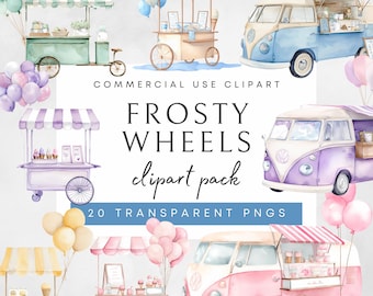 Clipart di un camioncino dei gelati ad acquerello: furgoncino dei dolci pastello, dolcetto PNG, uso commerciale