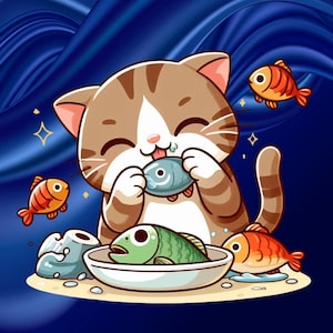 Adorable Cat Eating Fish Clip Art - Cute Digital Art for Kids, Instant Download, Fun Pet Illustration