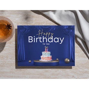 Elegant Birthday Card: Blue Curtain & Cake Illustration (Digital Download)