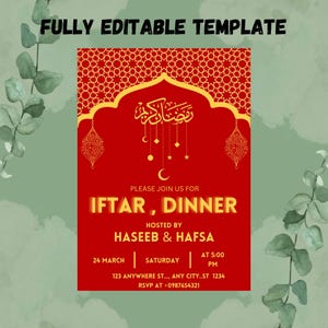 Bewerkbare sjabloon voor iftar-dineruitnodiging | Digitale Ramadan-uitnodiging | Direct downloaden | Islamitische evenementkaart