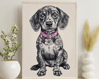 Chiot teckel - art mural teckel - art mural chien - impression teckel - poster animal de compagnie - décoration murale teckel - inspiration tatouage - impression chiot