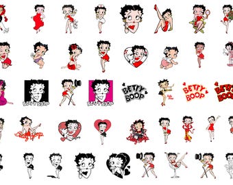 May include: A collection of colorful cartoon images featuring Betty Boop in various poses and outfits. The images include Betty Boop wearing a red dress, a nurse's uniform, a red and white striped dress, and a black and white polka dot dress. The images also include Betty Boop holding a microphone, a heart, and a flower. The text "Betty Boop" appears in several of the images.