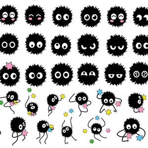 Może przedstawiać: Zestaw 30 czarno-białych ilustracji puszystych, okrągłych stworzeń z różnymi wyrażeniami twarzy. Stworzenia są otoczone małymi, kolorowymi gwiazdami.